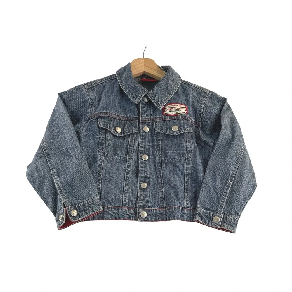 Radio Flyer Denim Jacket Kids SZ 6 Blue Long Sleeve Logo Patch Snap Front
